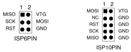 Pinouts for the 6 and 10 pin ISP connectors